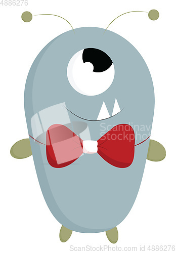 Image of A happy blue monster with bow, vector color illustration.