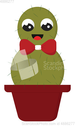 Image of Smiling green cactus with a red bow in a red pot vector illustra