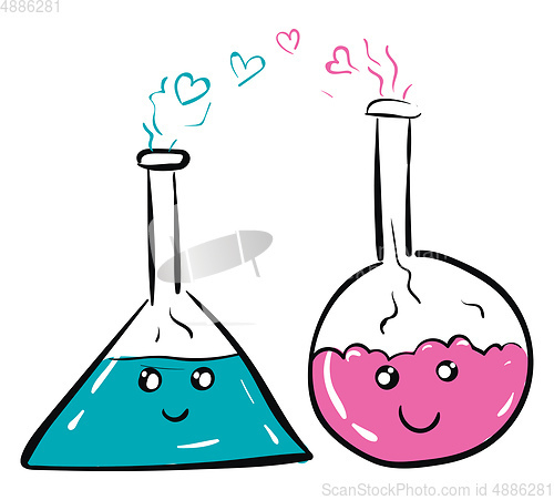 Image of Glass flaskes with blue and pink fluid in love vector illustrati