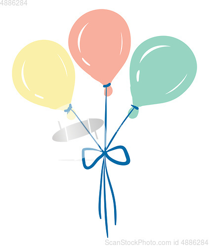Image of Three yellow peach and blue colored balloons tied together with 