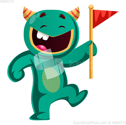 Image of Green monster holding a flag vector illustration