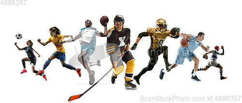 Image of Sport collage of professional athletes or players isolated on white background, flyer