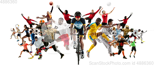 Image of Sport collage of professional athletes or players isolated on white background, flyer