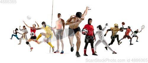 Image of Sport collage of professional athletes or players isolated on white background, flyer