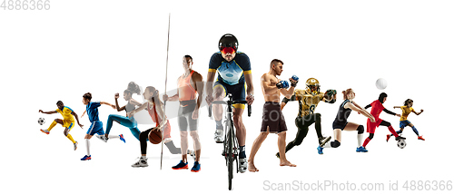 Image of Sport collage of professional athletes or players isolated on white background, flyer