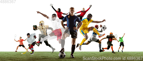 Image of Sport collage of professional athletes or players isolated on white background, flyer