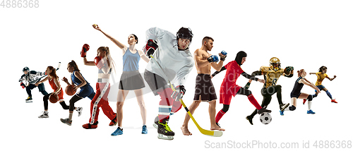 Image of Sport collage of professional athletes or players isolated on white background, flyer