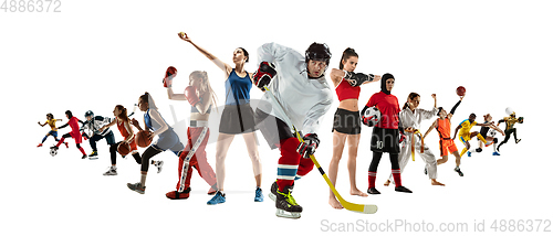 Image of Sport collage of professional athletes or players isolated on white background, flyer