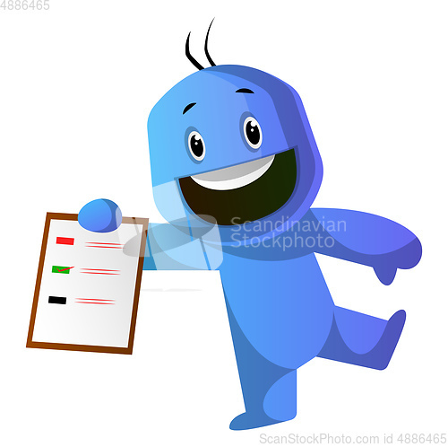 Image of Smiling blue cartoon caracter with a notepad illustration vector