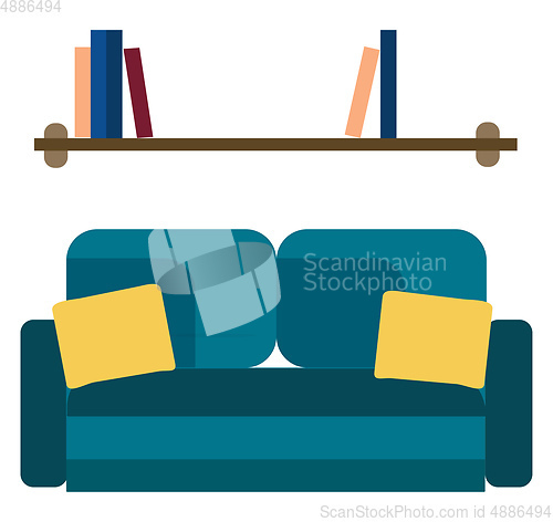 Image of A bright interior decoration with blue sofa and a wooden wall sm