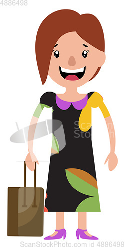 Image of A young woman in a dress smiling and holding her bag illustratio