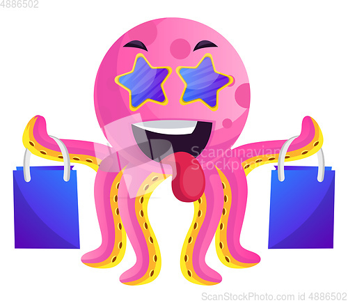 Image of Pink octopus with shoping bags illustration vector on white back