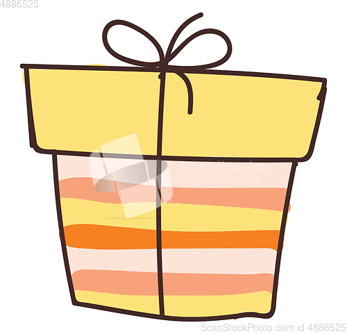 Image of A present box is wrapped in colorful decorative paper tied with 