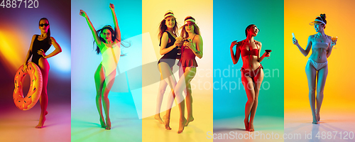 Image of Collage of portraits of young beautiful girls on multicolored background in neon