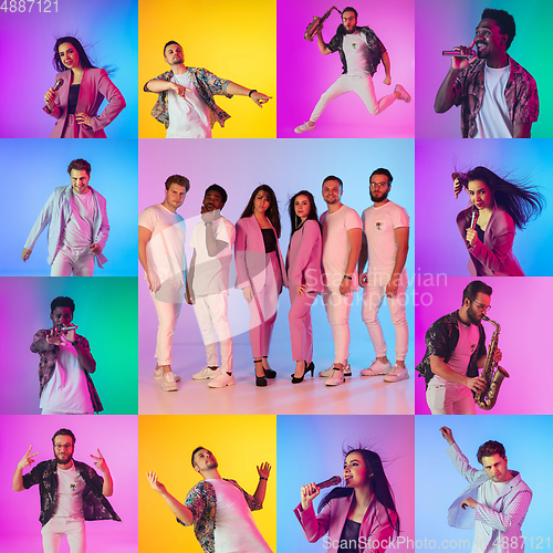 Image of Collage of portraits of young musicians on multicolored background in neon