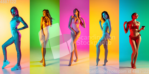 Image of Collage of portraits of young beautiful girls on multicolored background in neon