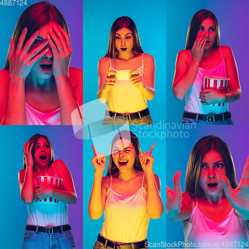 Image of Collage of portraits of young woman on multicolored background in neon