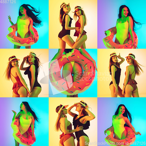 Image of Collage of portraits of young beautiful girls on multicolored background in neon