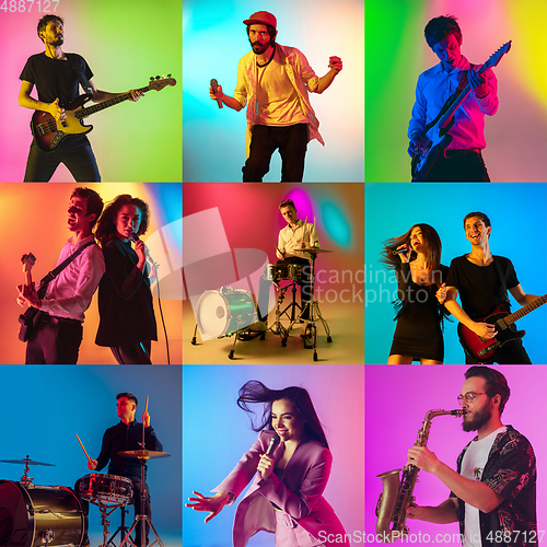 Image of Collage of portraits of young musicians on multicolored background in neon