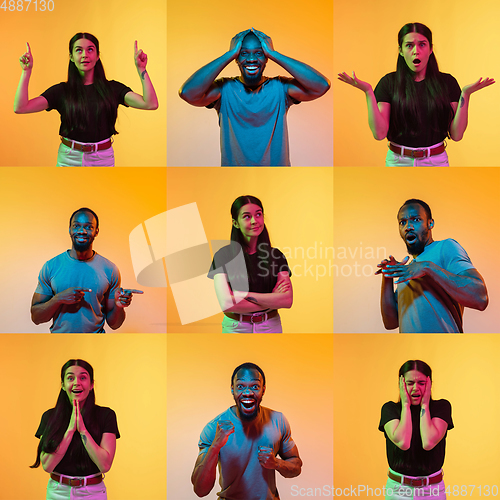 Image of Collage of portraits of young people on yellow background in neon light