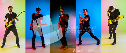 Image of Collage of portraits of young musicians on multicolored background in neon