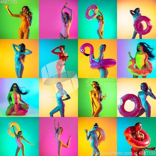 Image of Collage of portraits of young beautiful girls on multicolored background in neon