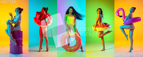 Image of Collage of portraits of young beautiful girls on multicolored background in neon