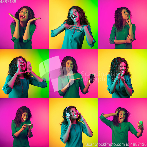 Image of Collage of portraits of young woman on multicolored background in neon