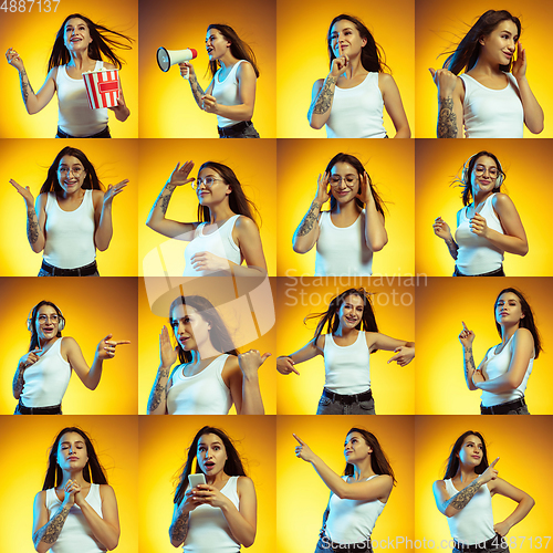 Image of Collage of portraits of young woman on yellow gradient background in neon