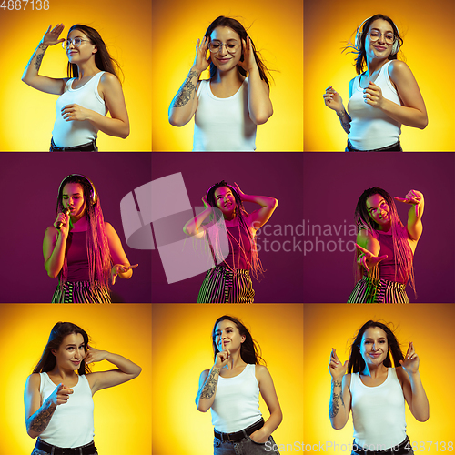 Image of Collage of portraits of young women on multicolored background in neon