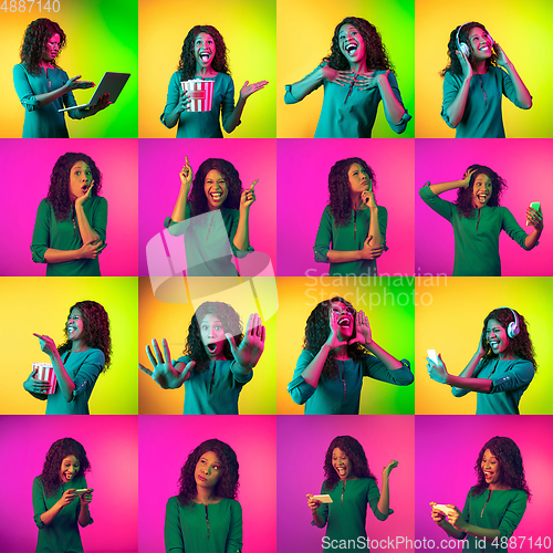 Image of Collage of portraits of young woman on multicolored background in neon