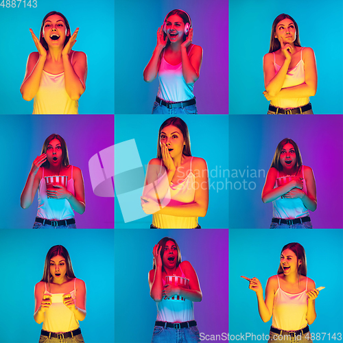 Image of Collage of portraits of young woman on multicolored background in neon