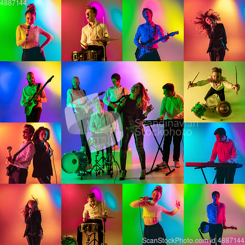 Image of Collage of portraits of young musicians on multicolored background in neon