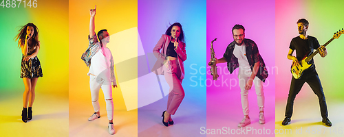 Image of Collage of portraits of young musicians on multicolored background in neon