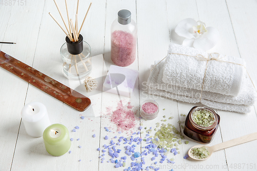 Image of Beautiful spa composition on massage table in wellness center, copyspace