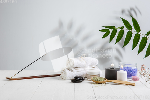 Image of Beautiful spa composition on massage table in wellness center, copyspace. Leaves\' shadows on the wall