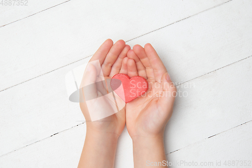 Image of Human hands holding, giving heart isolated on white wooden background