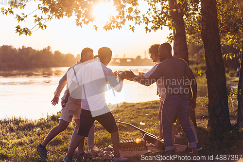 Image of Group of friends clinking beer glasses during picnic at the beach. Lifestyle, friendship, having fun, weekend and resting concept.