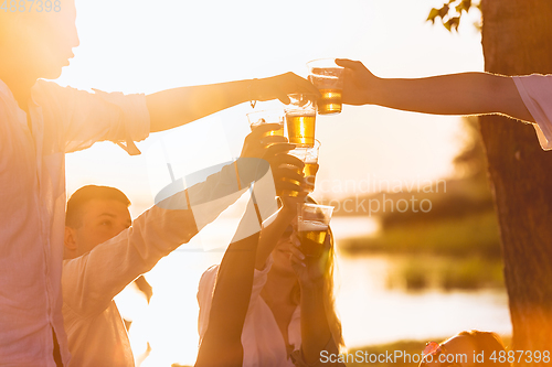 Image of Group of friends clinking beer glasses during picnic at the beach. Lifestyle, friendship, having fun, weekend and resting concept.