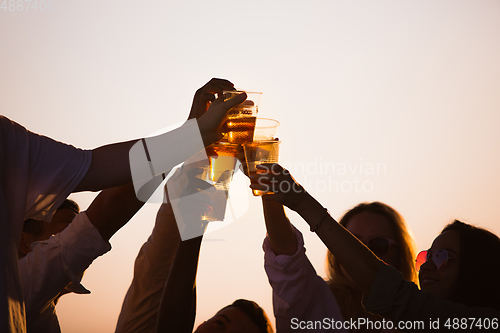 Image of Group of friends clinking beer glasses during picnic at the beach. Lifestyle, friendship, having fun, weekend and resting concept.