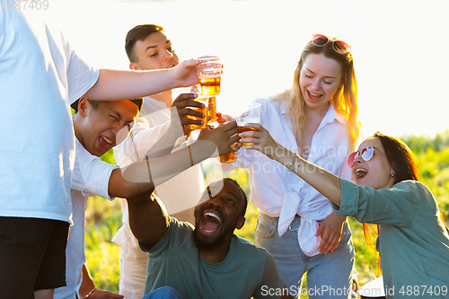 Image of Group of friends clinking beer glasses during picnic at the beach. Lifestyle, friendship, having fun, weekend and resting concept.