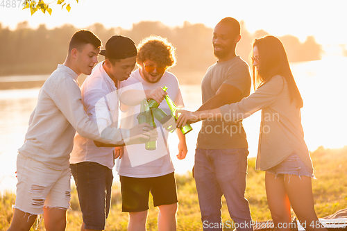 Image of Group of friends clinking beer bottles during picnic at the beach. Lifestyle, friendship, having fun, weekend and resting concept.