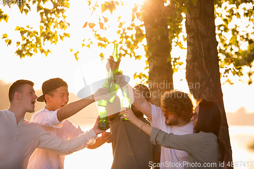 Image of Group of friends clinking beer bottles during picnic at the beach. Lifestyle, friendship, having fun, weekend and resting concept.