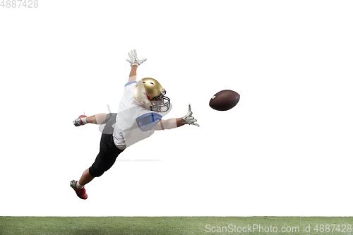 Image of American football player in action isolated on white studio background