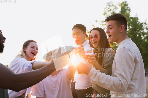 Image of Group of friends clinking beer glasses during picnic at the beach. Lifestyle, friendship, having fun, weekend and resting concept.
