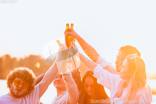 Image of Group of friends clinking beer glasses during picnic at the beach. Lifestyle, friendship, having fun, weekend and resting concept.