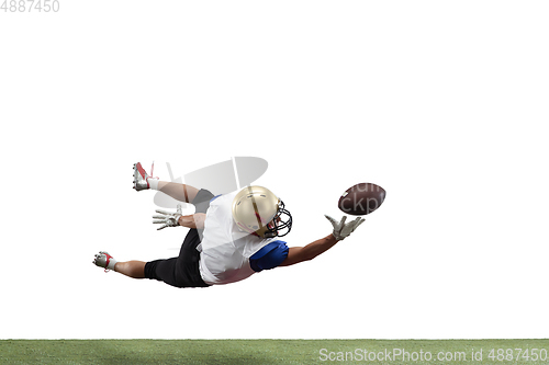 Image of American football player in action isolated on white studio background