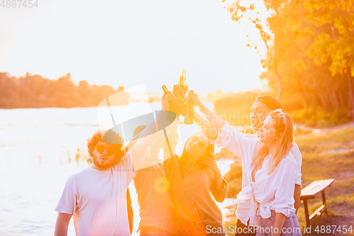 Image of Group of friends clinking beer glasses during picnic at the beach. Lifestyle, friendship, having fun, weekend and resting concept.