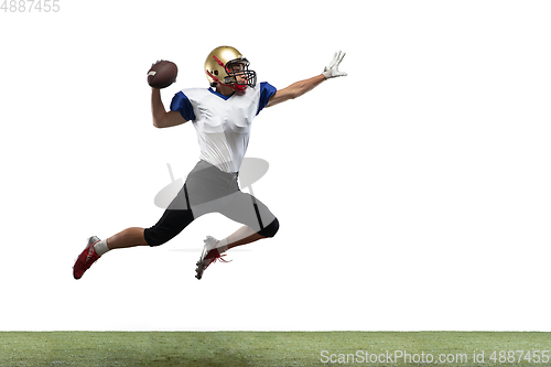 Image of American football player in action isolated on white studio background