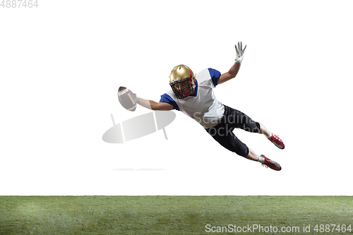 Image of American football player in action isolated on white studio background